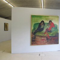 Arié Mandelbaum, Le canapé vert n° 2, Huile sur toile, 150 x 150 cm 