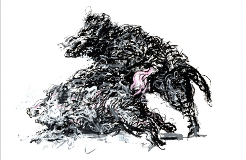 Les sangliers, huile sur papier, 110 x 77 cm