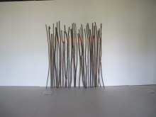 Sans titre, bâtons et irradiation de la couleur vers le mur, bois et couleur, longueur variable